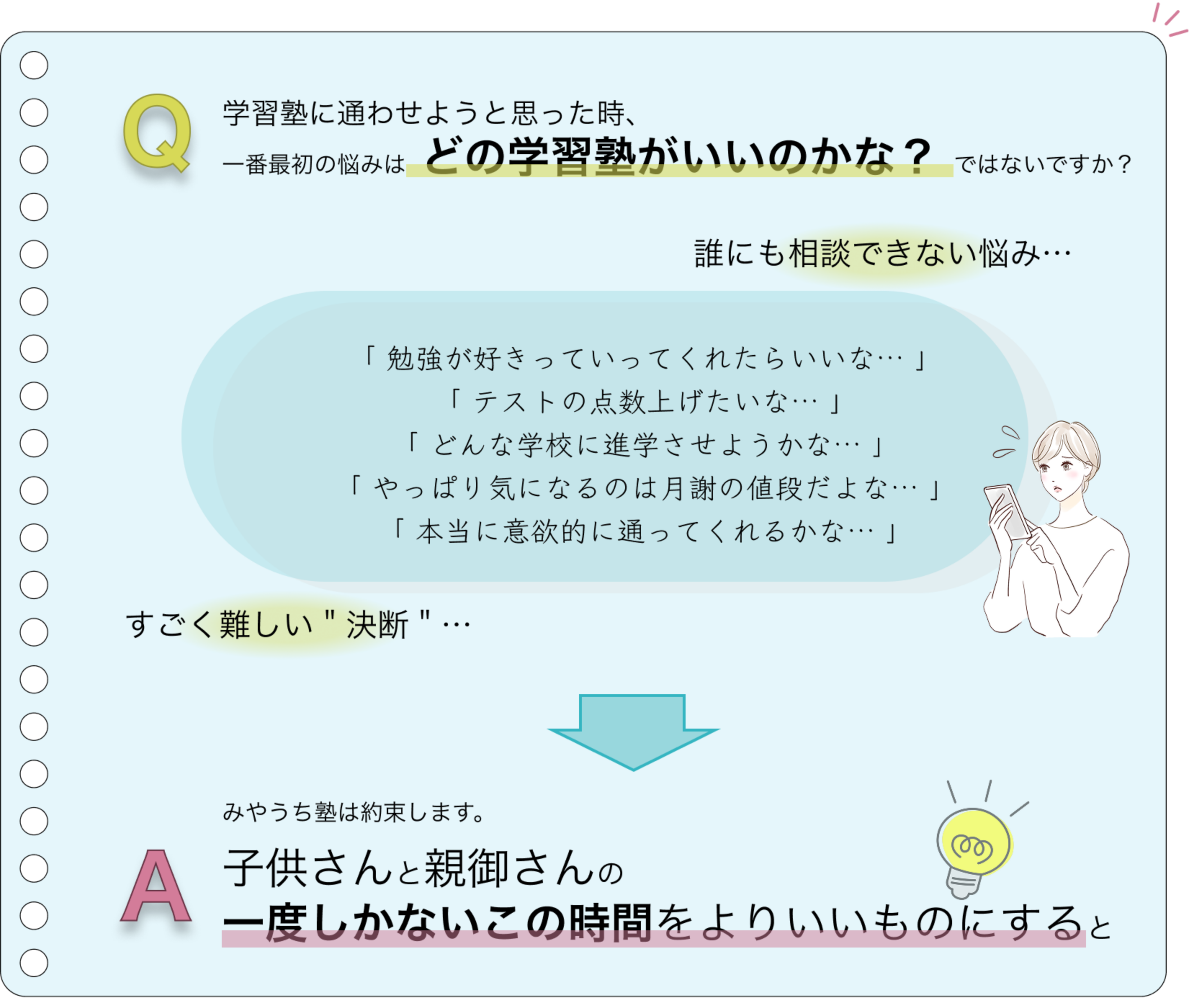 みやうち塾は、子供と親の一度しかないこの時間をより良いものにすることを約束します